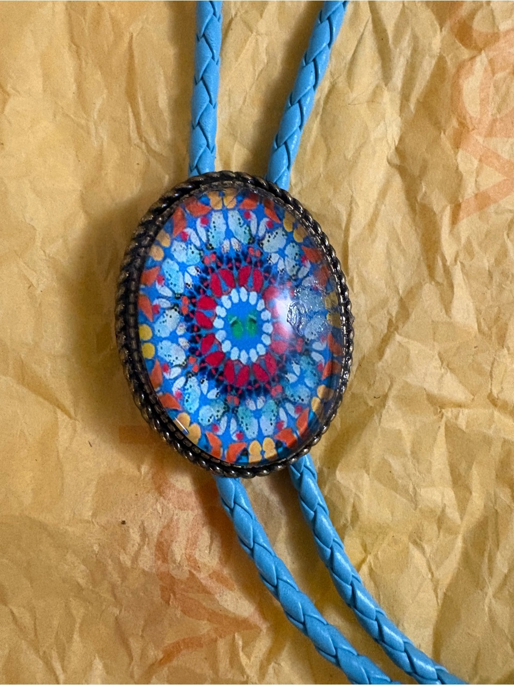Blue Braided Cord Pendant Necklace with Colorful Mandala Cabochon